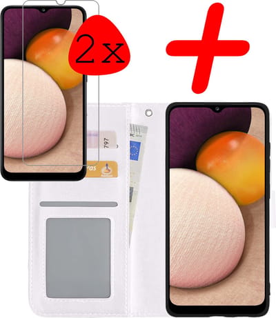 Hoesje Met 2x Screenprotector - Geschikt voor Samsung Galaxy A02s - Luxe Pasjeshouder - Bookcase Portemonee - Flip Case - Kunstleer Book Case - Flipcase Hoes - Book Cover - Walletcase - Portemonneehoes - Wit