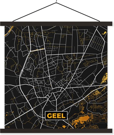 Posterhanger incl. Poster 60x60 cm - Schoolplaat - Stadskaart - Geel - Kaart - Plattegrond - Goud - Textielposter - Zwarte latten - Stadskaart