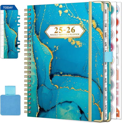 Famanu Agenda 2025 2026 Spiral Weekagenda Juli 2025 - Juni 2026 (12 maanden) A5 Schoolagenda met Penlus, Liniaal Bladwijzer & Planningsstickers (Blauw)