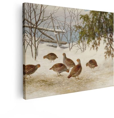 Artaza Canvas Schilderij Patrijzen - 80x60 cm - Wanddecoratie Vogels - Muurdecoratie Winterlandschap - Schilderijen Dieren In De Sneeuw