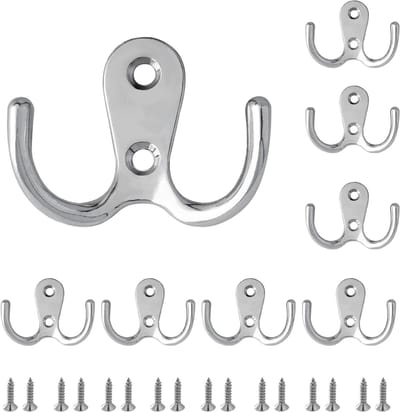 Muurhaken voor Kleding en Handdoeken - 8 Dubbele Metalen Haken met Schroeven, Ideaal voor Slaapkamer en Badkamer, Stevig en Duurzaam