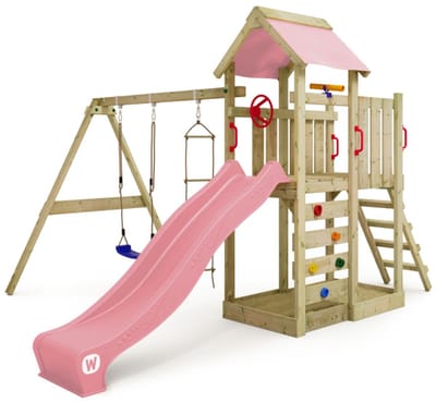 Wickey MultiFlyer Speeltoestel - Schommel en Touwladder met Glijbaan - Klimwand & Zandbak - 288x429x263 cm - Pastelroze