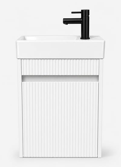 ZIMMER Toiletmeubel Set NOBLE Geribbeld 40x22,5x63 cm Hoogglans wit – Incl. Fontein, Zwarte Kraan & Sifon – Fonteinmeubel