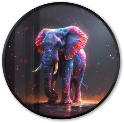 Poster in lijst Rond - Fotolijst 60x60 cm - Posters - Olifant - Kleuren - Sterren - Dier - Ronde posterlijst zwart - Decoratie - Wanddecoratie woonkamer - Muurdecoratie slaapkamer
