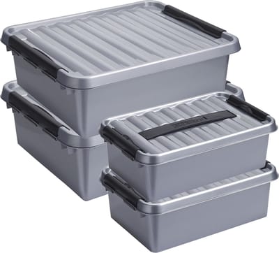 Sunware Opberg boxen - set 4x stuks - 12 en 25 liter - kunststof grijs - met deksel