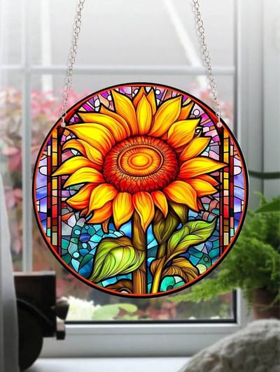 Kleurige zonnebloem glazen wanddecoratie, unieke suncatcher voor raam, handgemaakt ornament en cadeau voor verjaardagen en speciale gelegenheden