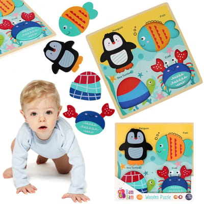 HOUTEN puzzel voor kinderen, educatieve puzzel, GROTE stukken, 4 puzzels oceaan 8m+ Bam Bam