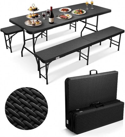 Klaptafel set met 2 klapbanken - Tuinset - Camping tafel - Voor binnen en buiten - Vouwtafel met vouwbanken - Luxe design - Tot 500KG