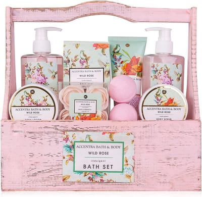 Vintage Floral Bad- en Doucheset - 8-delige Cadeauset in Decoratieve Houten Mand
