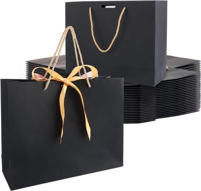 Zwarte geschenkzakjes met gouden linten - Set van 24 - 30 x 10 x 25 cm - Cadeauzakjes voor bruiloft, Kerstmis, feesten