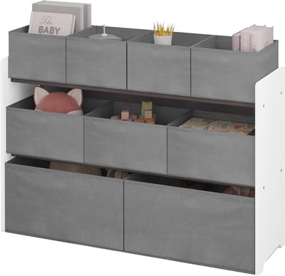 Opbergrek voor kinderen – speelgoedorganizer met 9 afneembare stoffen bakken, wit + grijs, 92 x 30 x 60/68 cm