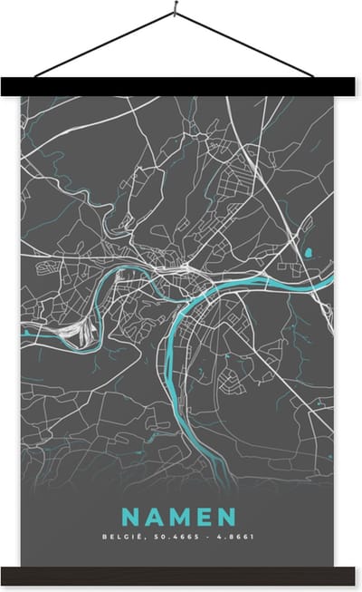 Posterhanger incl. Poster 40x60 cm - Schoolplaat - Stadskaart – Grijs - Kaart – Namen – België – Plattegrond - Textielposter - Zwarte latten - Stadskaart