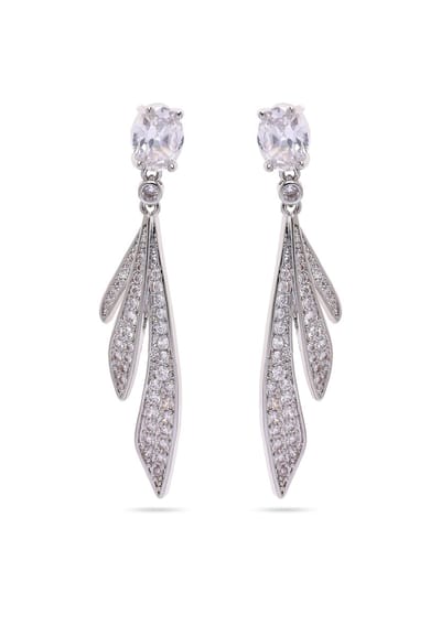 AVANT-GARDE PARIS Oorbellen - Zilverkleurige Veer Dangle Oorbellen - 1 stuk - Rhodium Plated met Sprankelende Steentjes