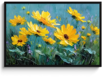 Poster in lijst - Fotolijst 120x80 cm - Posters - Penseelstreken - Bloemen - Felgeel - Abstract - Posterlijst zwart - Decoratie - Wanddecoratie woonkamer - Muurdecoratie slaapkamer