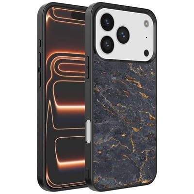 Geschikt voor iPhone 17 Pro Max Telefoonhoesje met Grijs Goud Marmer Opdruk - TPU Backcover Case Grey Gold Marble Design - Zwart - Smartphonica geschikt voor iPhone 17 Pro Max