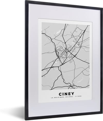 Fotolijst incl. Poster Zwart Wit- Stadskaart – Zwart Wit - Kaart – Ciney – België – Plattegrond - 30x40 cm - Posterlijst