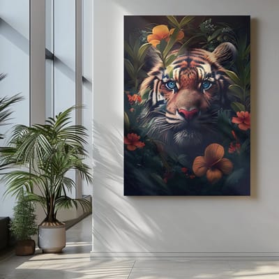 Canvas Schilderij - Dieren - Tijger Tussen Bloemen - 60x40x2 cm