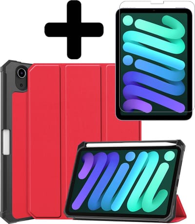 Hoes - Geschikt voor Apple iPad Mini 6 (2021) - 8.3 inch - 6e Generatie - Met Screenprotector - Trifold Bookcase - Hard Cover Case - Met Uitsparing Geschikt voor Apple Pencil - Hardcover Book - Tablet Hoesje - Rood