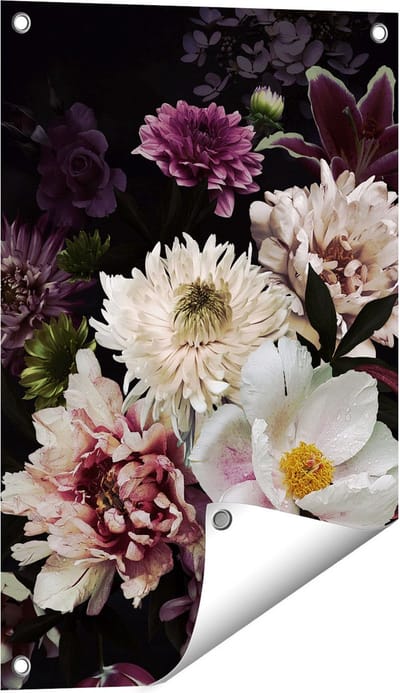 Gards Tuinposter Diverse Bloemen op Zwart Achtergrond - 40x60 cm - Tuindoek - Tuindecoratie - Wanddecoratie buiten - Tuinschilderij