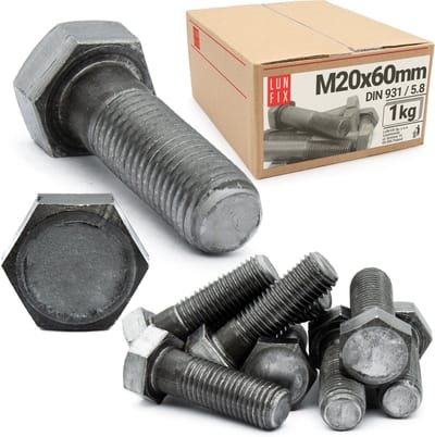 LUN FIX - Zeskantschroeven M20 x 60 - 1 kg (ca. 5 st.) - DIN 931 Volledige schroefdraad - verzinkt staal