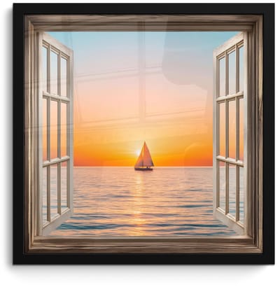 Poster in lijst - Fotolijst 40x40 cm - Posters - Doorkijk - Zee - Boot - Zonsondergang - Posterlijst zwart - Decoratie - Wanddecoratie woonkamer - Muurdecoratie slaapkamer
