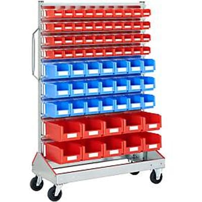 Trolley v. magazijnbakken, enkelzijdig, b 1130 x d 510 x h 1705 mm, 40 x 0,7 l rood, 21 x 3 l blauw, 10 x 7,5 l rood