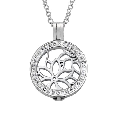 Quiges - Munthouder met Ketting en Munt 25mm Bloem Patroon - RVS Zilverkleurig met Zirkonia - EPRHZ540