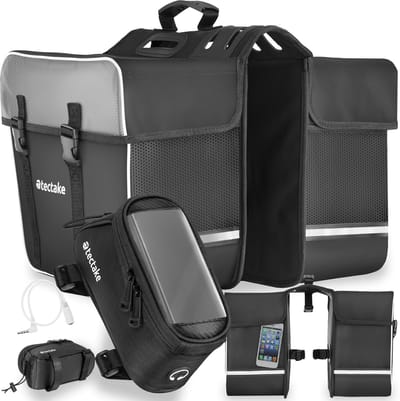 tectake® Fietstas met Frametas - Fietstassen met Refelctor - Tassen voor Fiets en Elektrische Fietsen - Dubbel - Waterdicht - Bagagedragertas: 35L - Stuurtas 20 x 9,5 x 10 cm (1,3L) - Met Touch Scherm - Zwart