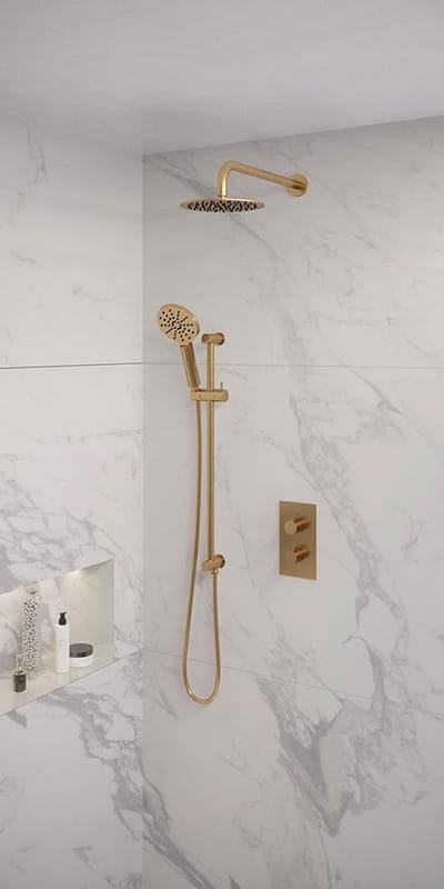 Brauer Gold Edition thermostatische inbouw regendouche 3-weg omstelling SET 45 met 20 cm douchekop en gebogen muurarm en 3-standen handdouche en doucheslang en geïntegreerde glijstang goud geborsteld PVD