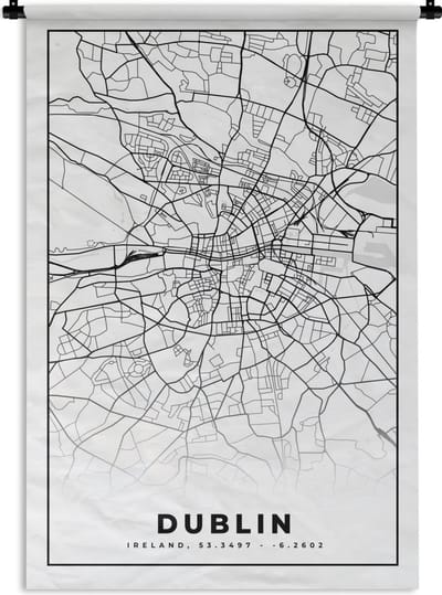 Wandkleed - Wanddoek - Dublin - Stadskaart - Zwart Wit - Plattegrond - Kaart - 120x180 cm - Wandtapijt