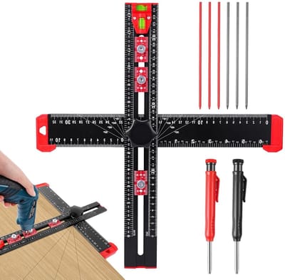 Boorpositioneringsliniaal - Houtbewerkingsliniaal Markeringsmeter - Nauwkeurig Boren Tekenen - Dubbele As Waterpas - 35 cm - Zwart