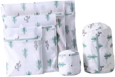 Waszak Set - Kledingbeschermers - Delicate Was Beschermen - Brede Rits - 6 Stuks - Wit Cactuspatroon