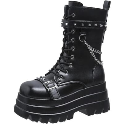 Platform Dikke Gotische Laarzen Dame Gesp Herfst Schoenen Vrouwen Wedges Kniehoge Laarzen Punk Straat Cosplay Botas Motorfiets Ketting 41 black