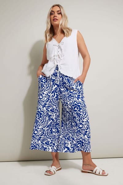 Yours Midaxi Culottebroek Met Abstract Bloemenmotief In Blauw Size 42
