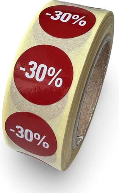 Kortings etiket op rol 30% - 500 stuks - rond 20mm