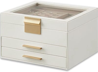 Sieradendoos Organizer - Juwelendoos Opslag - Sieraden Presenteren - Glazen Deksel - 3 Lagen Laden - Wit