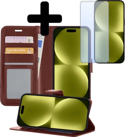 Hoesje - Met Screenprotector - Geschikt voor Apple iPhone 15 - Luxe Pasjeshouder - Bookcase Portemonee - Flip Case - Kunstleer Book Case - Flipcase - Book Cover - Walletcase - Portemonneehoes - Telefoonhoesjes - Bruin
