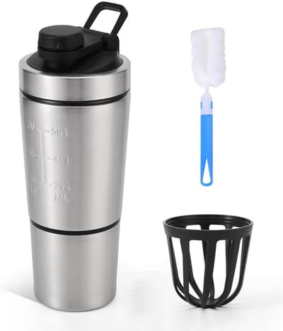VHV Protein shaker, roestvrij staal, 600 + 200 ml, eiwitshaker, beker met poedervak ​​​​voor sport, fitness, eiwit, shaker, eiwit, fles - Zilver met Borstel
