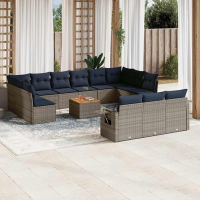 vidaXL - 14-delige - tuinbankset - met - kussens, - grijs - polyrotan
