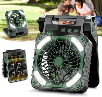 Zonne- en draagbare ventilator, oplaadbare 10400 mAh-batterij, LED-tentverlichting, timer, 4 snelheden – krachtig en stil.L