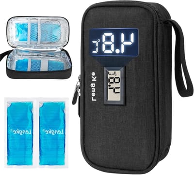 Insuline Koeltas met Temperatuurweergave, Geschikt voor GLP-1 Pennen, Inclusief 2 Koelpacks, Ruime Medicijnentas voor 4-5 Pennen (5-8 Uur Koeling, Zwart)