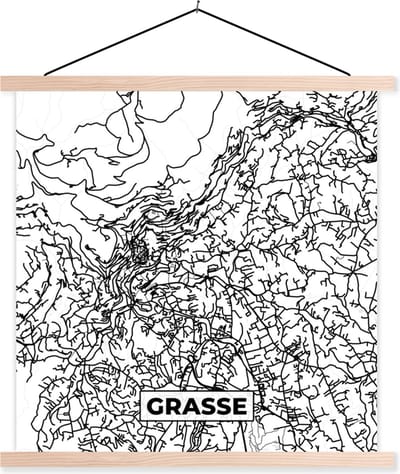 Posterhanger incl. Poster 40x40 cm - Schoolplaat - Grasse - Plattegrond - Kaart - Frankrijk - Stadskaart - Zwart wit - Textielposter - Blanke latten - Stadskaart