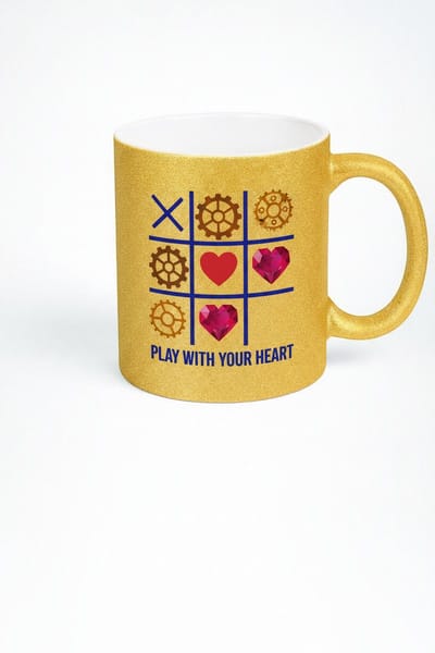 Gouden Glitter Mok 'Play with your Heart' - Tic-Tac-Toe Design met Harten & Tandwielen