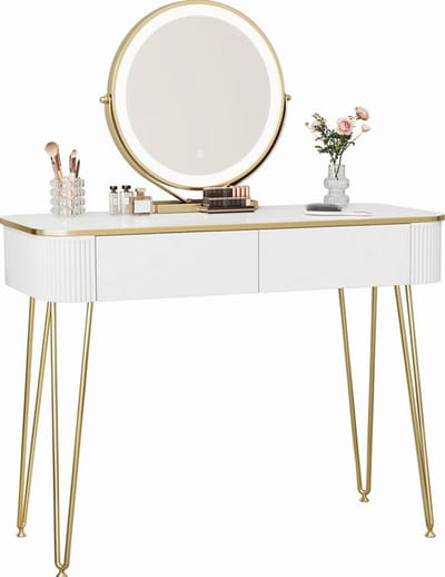 Sierra, 0057SZT Make-uptafel met ledverlichting, instelbare helderheid, kaptafel met spiegel, 3 kleuren, kaptafel met 2 houten laden, met metalen poten, 100 x 40 cm, modern, wit/goud