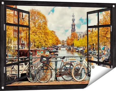 Gards Tuinposter Doorkijk Amsterdamse Brug bij een Brug met Fietsen - 90x60 cm - Tuindoek - Tuindecoratie - Wanddecoratie buiten - Tuinschilderij