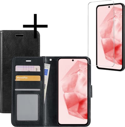 Hoesje - Met Screenprotector - Geschikt voor Samsung Galaxy A35 - Luxe Pasjeshouder - Bookcase Portemonee - Flip Case - Kunstleer Book Case - Flipcase - Book Cover - Walletcase - Portemonneehoes - Zwart
