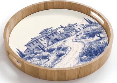 Dienblad rond 40x40 cm - Schootdienblad hout - Rustiek - Landgoed - Blauw - Borrelplank rechthoek - Plateau houten dienbladen