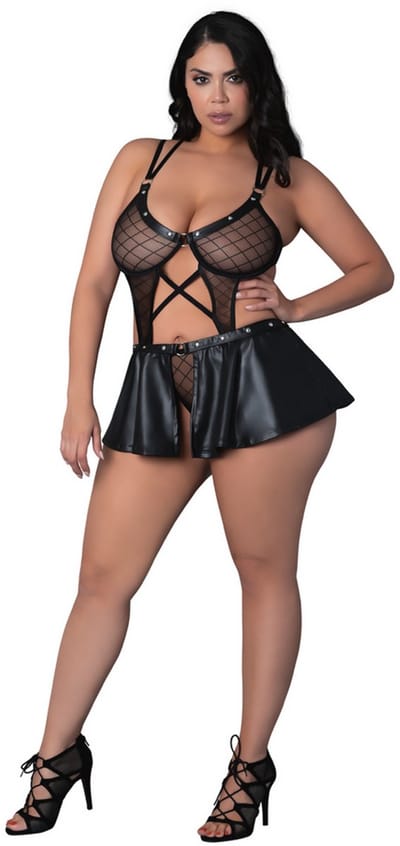 Male Power Sexy Anastasia - Cami Open Scrotch Rok Panty en Bh met Ringen en Studs - 2X lingerieset - Zwart