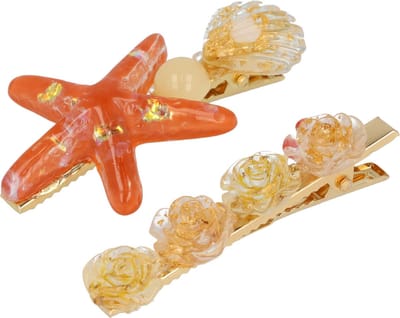 Haarsoires Haarspeld Duckklem 6cm – Zeester Schelp Bloem – Goud Creme Oranje – Set van 2 - Sterke Haarclip voor Styling & Dagelijks Gebruik - Hair Clip - Decoratieve Haaraccessoire