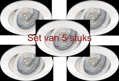 Witte GU10 Inbouwspots Set van 5 – Philips LED 5W – 4000K Neutraal Wit – 350 Lumen – Dimbaar – Draaibaar & 30° Kantelbaar – 230V – Hoogwaardig Aluminium